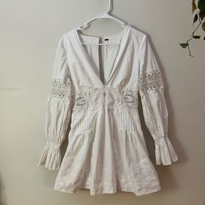 Free People White Long Sleeve Mini Dress with Embroidered Lace Detail Size 8